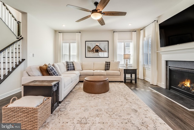 living room with ceiling fan and dark hardwood / wood-style flooring