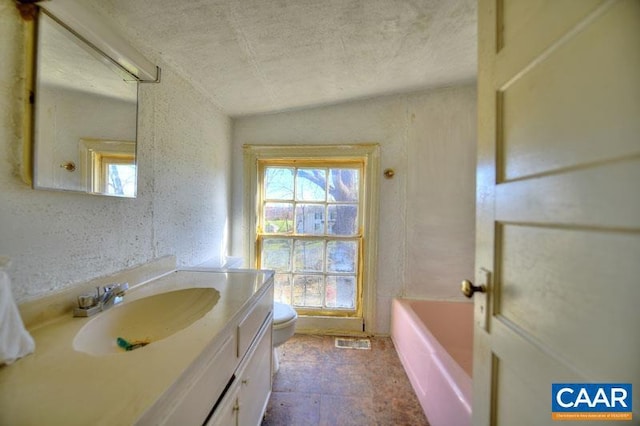 bathroom with toilet, vanity, a tub, and lofted ceiling