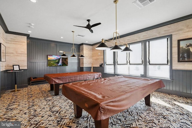 rec room with crown molding, pool table, wooden walls, and carpet