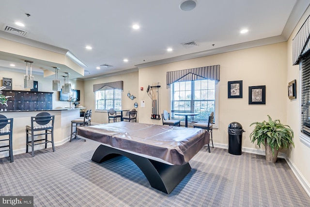 rec room featuring carpet floors, ornamental molding, and pool table