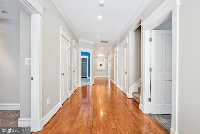 hall featuring wood-type flooring and crown molding