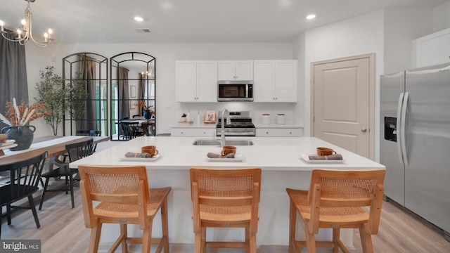 kitchen with a breakfast bar, stainless steel appliances, a kitchen island with sink, and sink