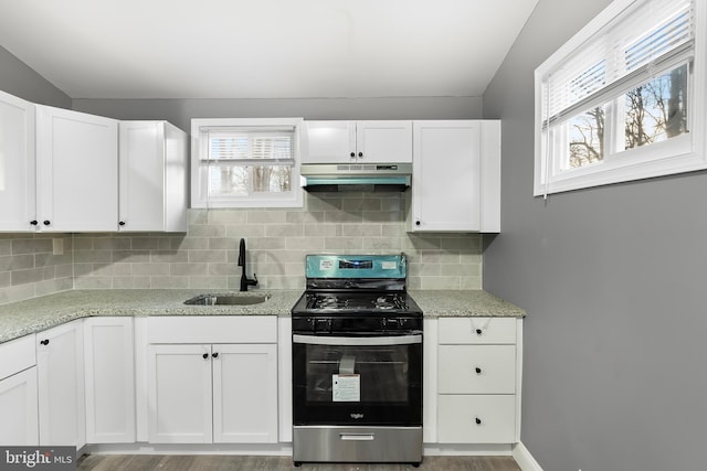 kitchen with decorative backsplash, white cabinetry, sink, and stainless steel stove