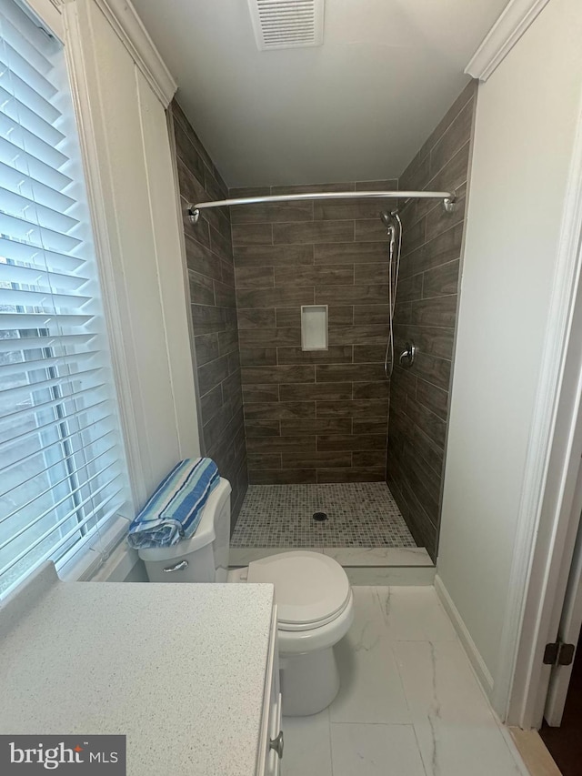 bathroom featuring tiled shower, vanity, and toilet