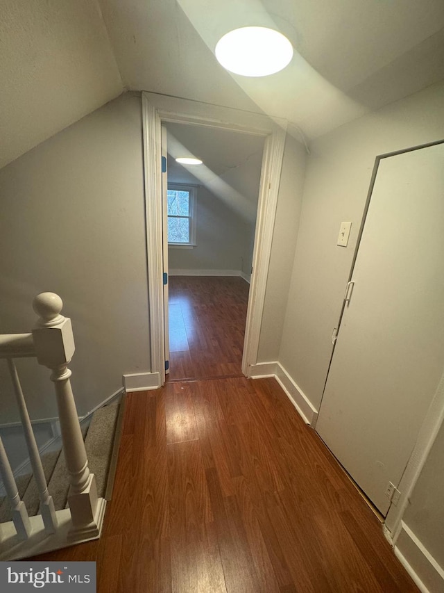 corridor with lofted ceiling and dark hardwood / wood-style flooring