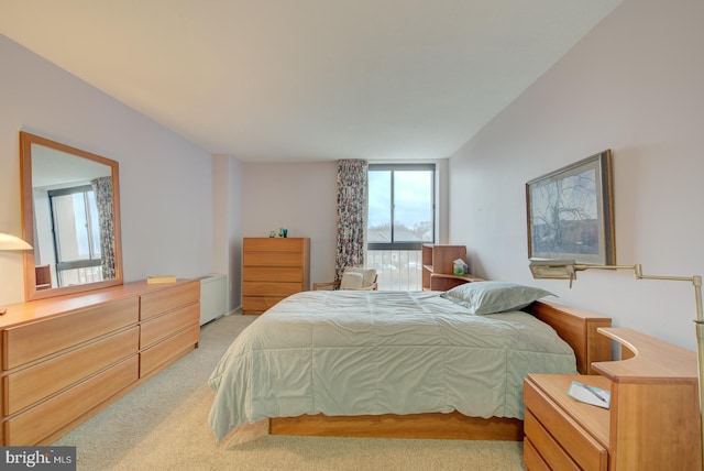 bedroom featuring light colored carpet