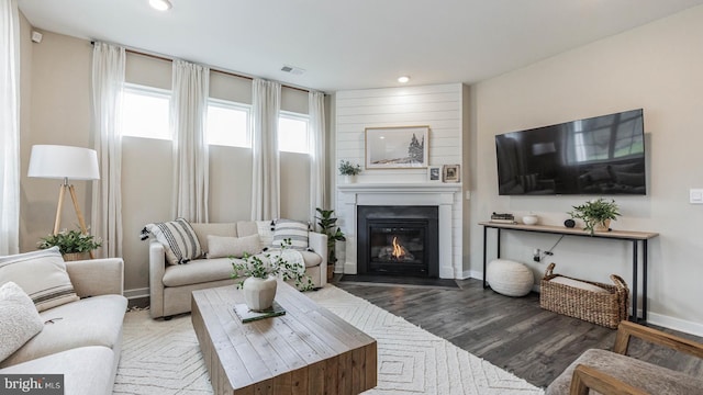 living room featuring a fireplace and hardwood / wood-style flooring