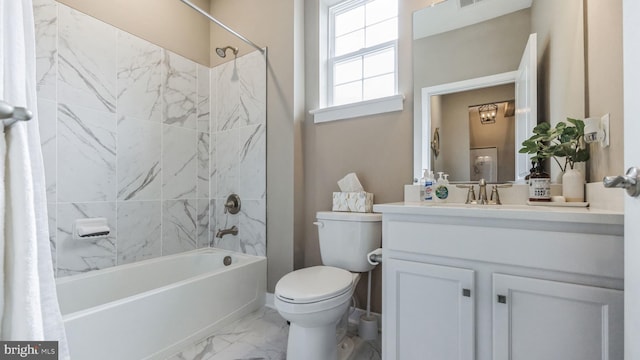 full bathroom with shower / bath combination with curtain, vanity, and toilet