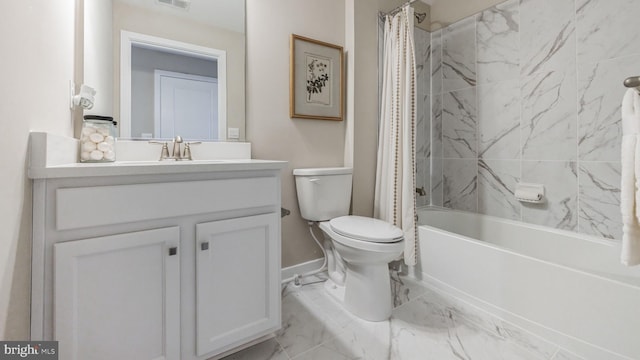 full bathroom with vanity, toilet, and shower / tub combo with curtain