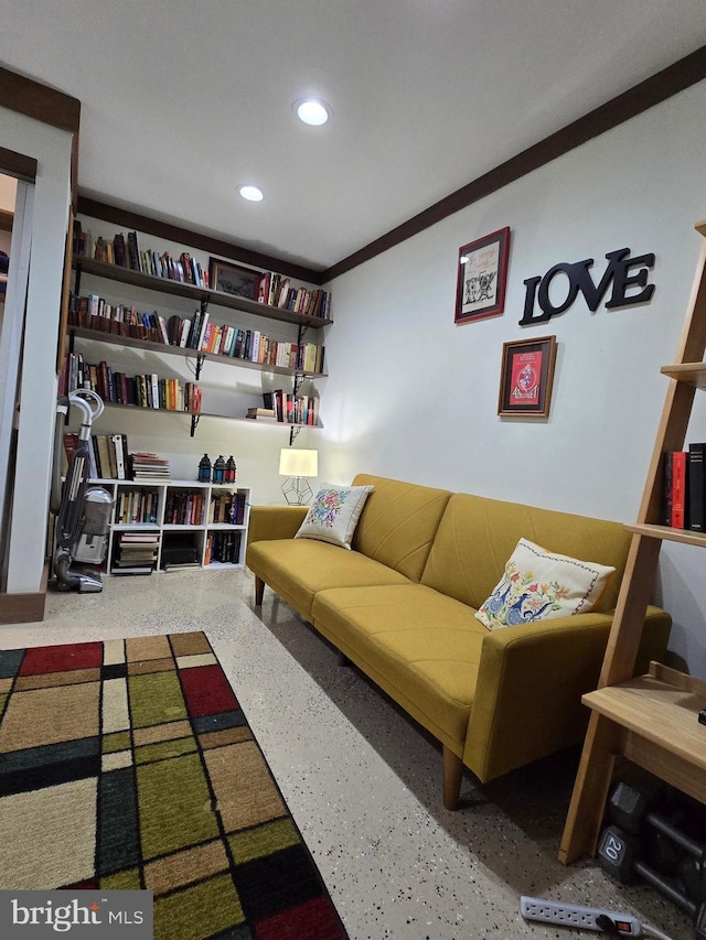 living room with crown molding