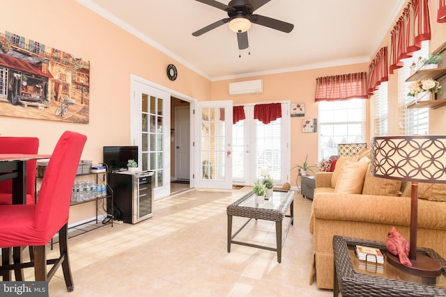 tiled living room featuring ceiling fan, french doors, beverage cooler, an AC wall unit, and ornamental molding