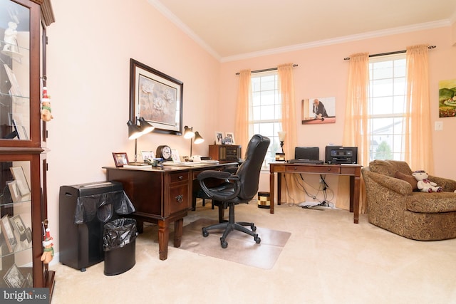 carpeted office space with ornamental molding