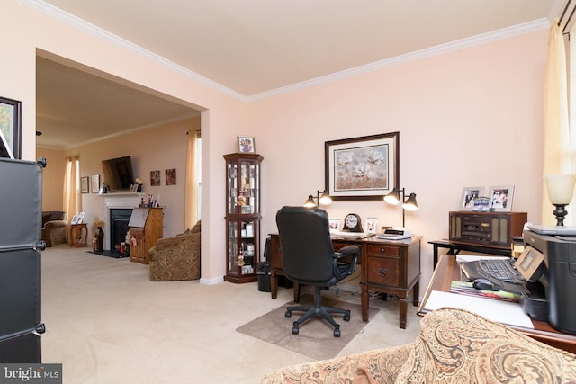 home office with light carpet and crown molding