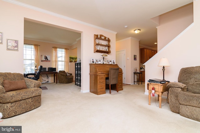 carpeted living room with ornamental molding