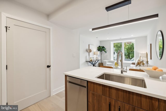 kitchen featuring stainless steel dishwasher, sink, and light hardwood / wood-style flooring