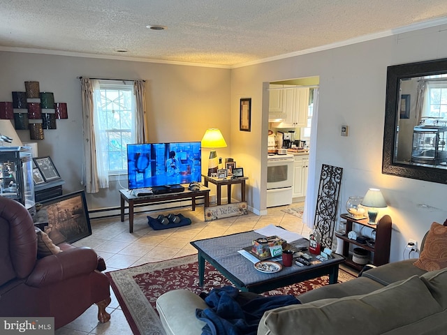 living room featuring a textured ceiling, light tile patterned floors, crown molding, and baseboard heating