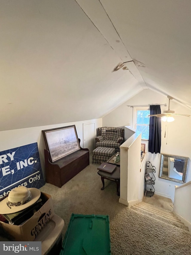 bonus room featuring carpet floors, ceiling fan, and lofted ceiling