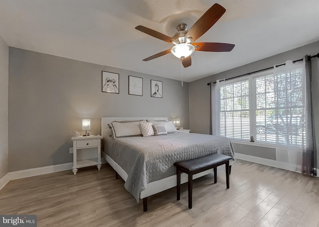 bedroom featuring ceiling fan and light hardwood / wood-style flooring