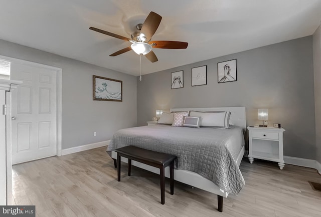 bedroom with ceiling fan and light hardwood / wood-style floors