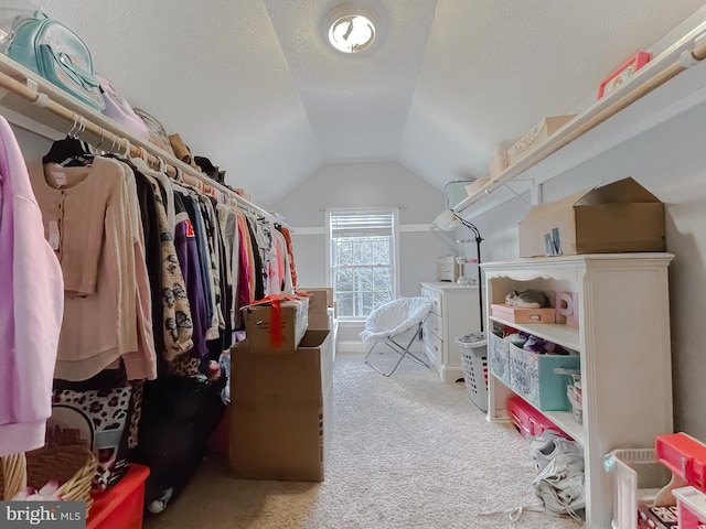 spacious closet with light colored carpet and lofted ceiling