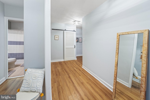 hallway with a barn door and light wood-type flooring