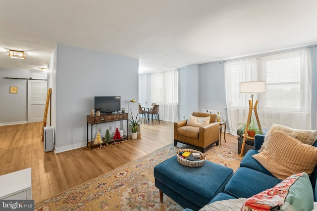 living room with a barn door and hardwood / wood-style floors