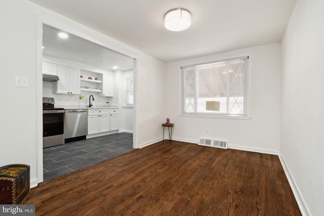 interior space featuring sink and dark wood-type flooring