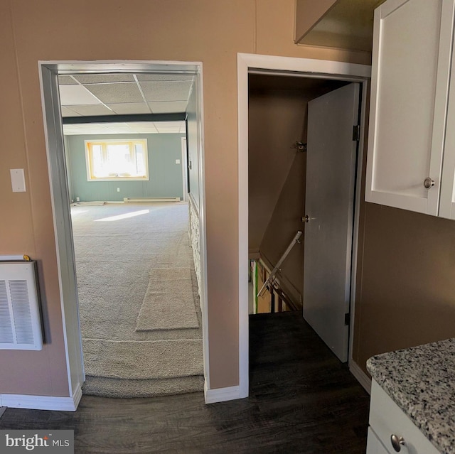 hallway featuring baseboard heating and dark wood-type flooring