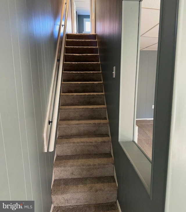 stairs featuring wood walls