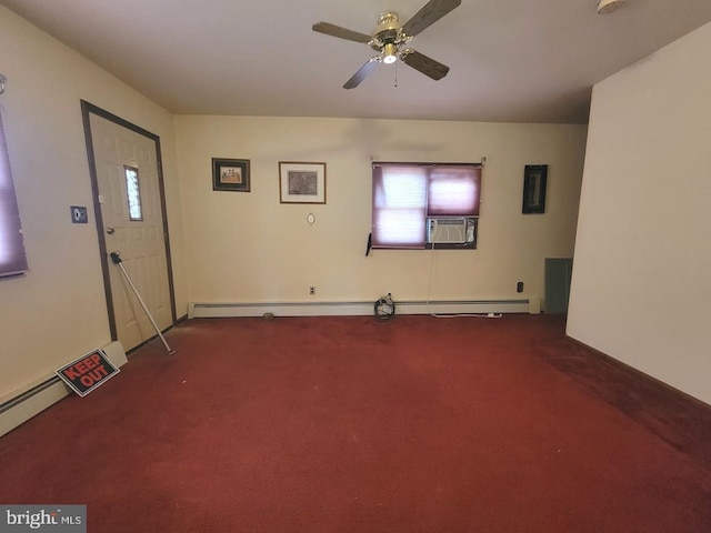 unfurnished living room with carpet, a baseboard radiator, and ceiling fan