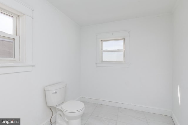 bathroom featuring a wealth of natural light, crown molding, and toilet