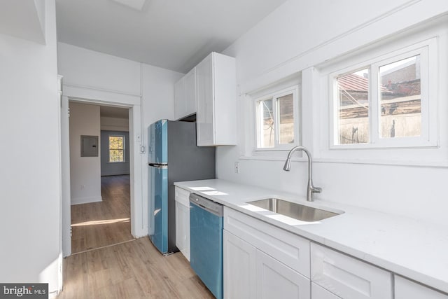 kitchen with appliances with stainless steel finishes, light hardwood / wood-style floors, sink, electric panel, and white cabinetry