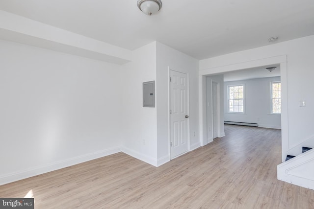 empty room featuring electric panel, light hardwood / wood-style floors, and a baseboard heating unit