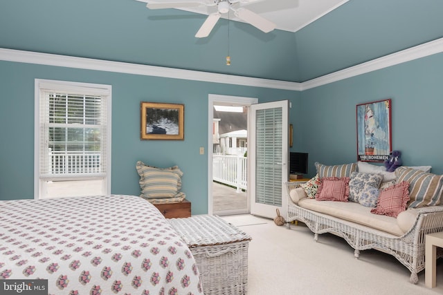 carpeted bedroom featuring access to outside, ceiling fan, and ornamental molding