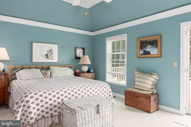 bedroom featuring carpet, ceiling fan, and crown molding