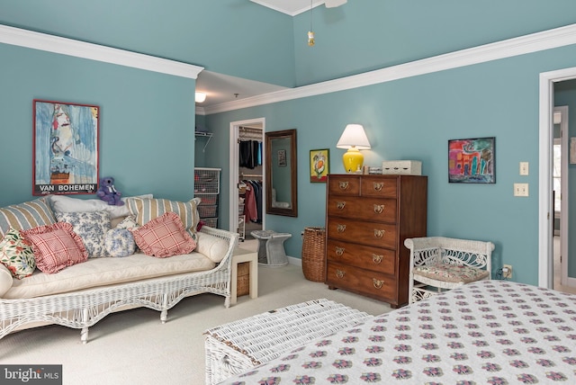 carpeted bedroom with a walk in closet, a closet, and crown molding