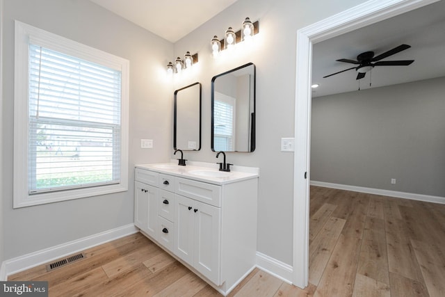 bathroom featuring ceiling fan, vanity, and wood-type flooring