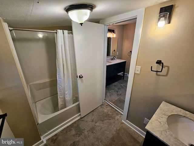 bathroom with vanity and shower / tub combo with curtain