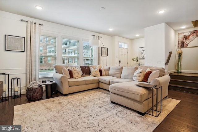 living room with dark wood-type flooring