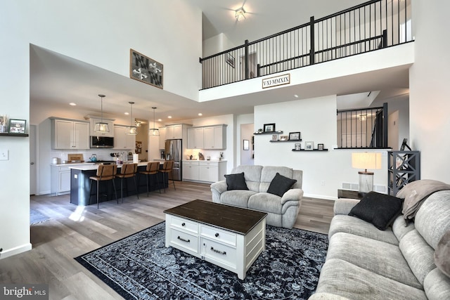 living room with wood-type flooring and a high ceiling