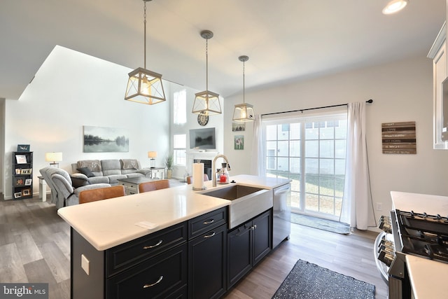 kitchen featuring stainless steel dishwasher, sink, decorative light fixtures, hardwood / wood-style flooring, and a center island with sink