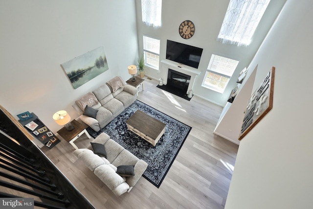 living room with a towering ceiling and light hardwood / wood-style floors