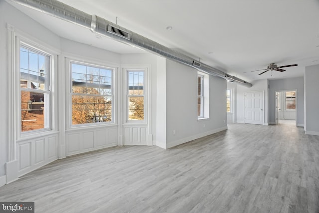 unfurnished living room with ceiling fan and light wood-type flooring