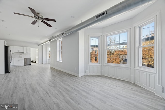 unfurnished living room with ceiling fan, sink, and light hardwood / wood-style floors