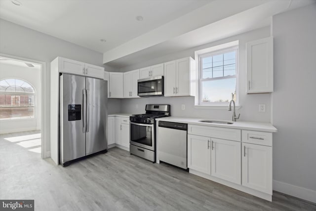 kitchen with sink, white cabinets, stainless steel appliances, and light wood-type flooring