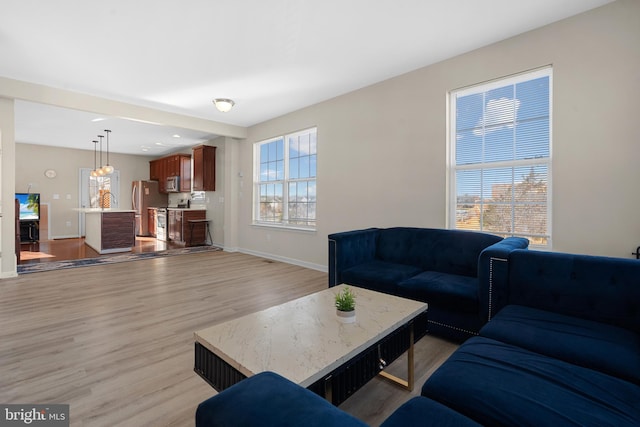 living room featuring light hardwood / wood-style flooring and sink