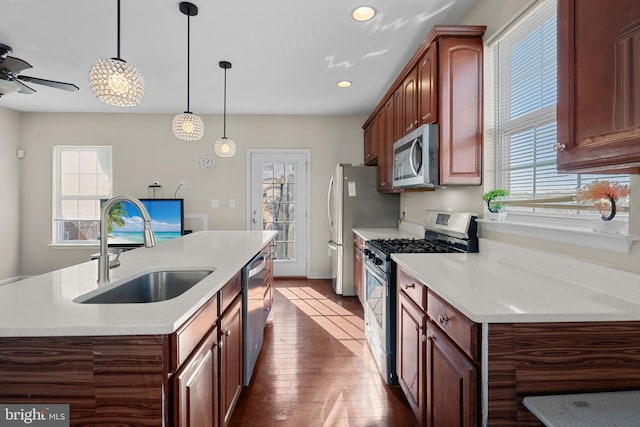 kitchen featuring appliances with stainless steel finishes, dark hardwood / wood-style floors, a wealth of natural light, and sink