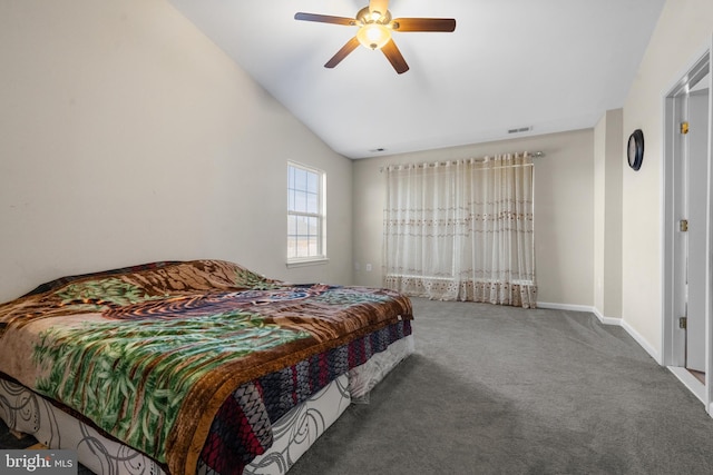 bedroom featuring carpet flooring, ceiling fan, and lofted ceiling