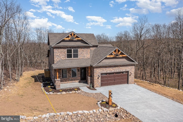107 S Honeysuckle Dr, Hazle Township, PA 18202 - craftsman-style home with stone siding, a garage, concrete driveway, roof with shingles, and a porch