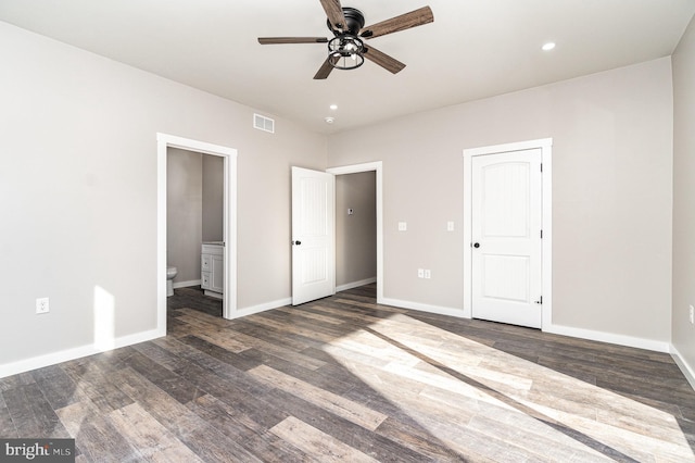 107 S Honeysuckle Dr, Hazle Township, PA 18202 - unfurnished bedroom featuring dark wood-style floors, connected bathroom, recessed lighting, and a ceiling fan